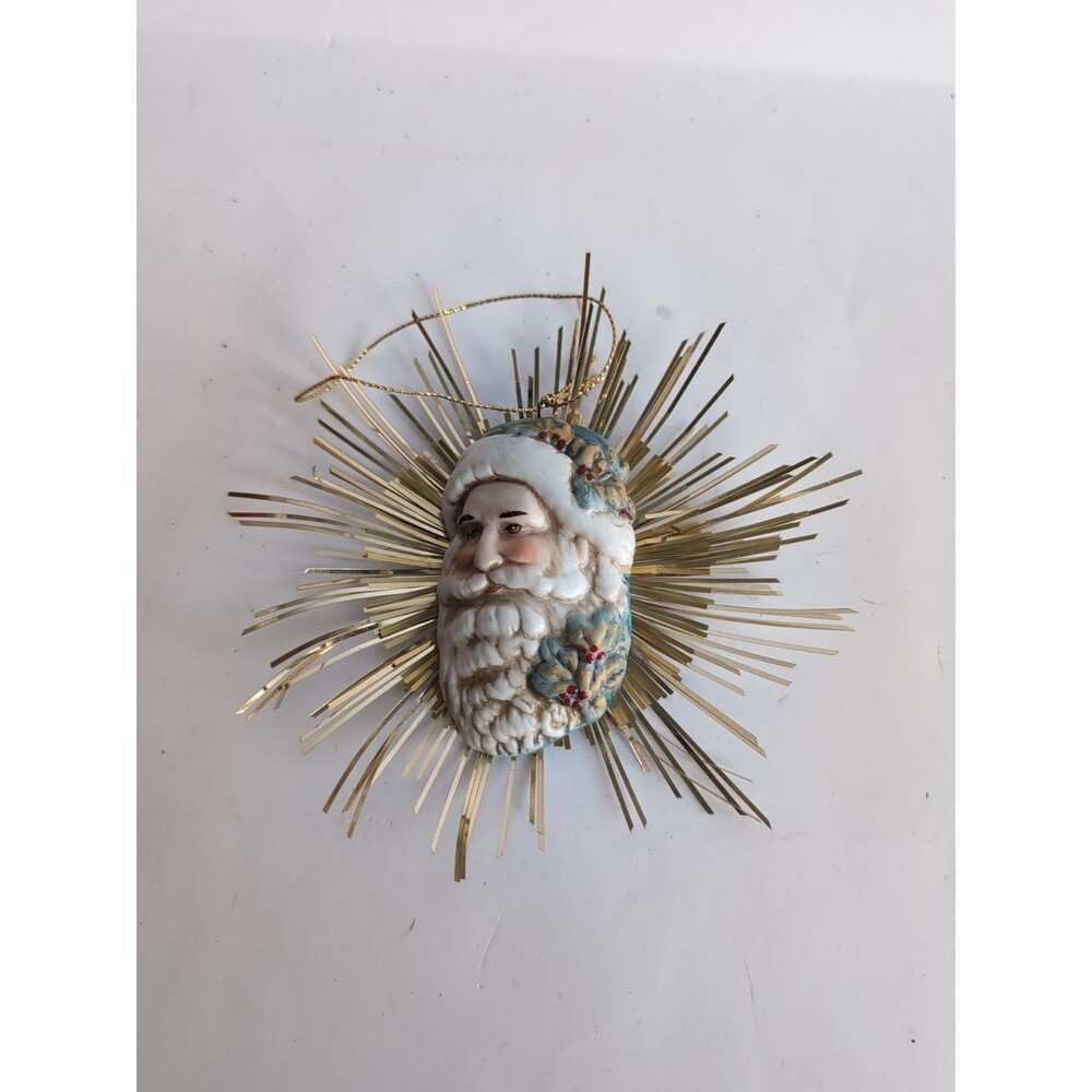 Santa Face Medallion Christmas Ornament Tinsel Spray Midwest Vtg